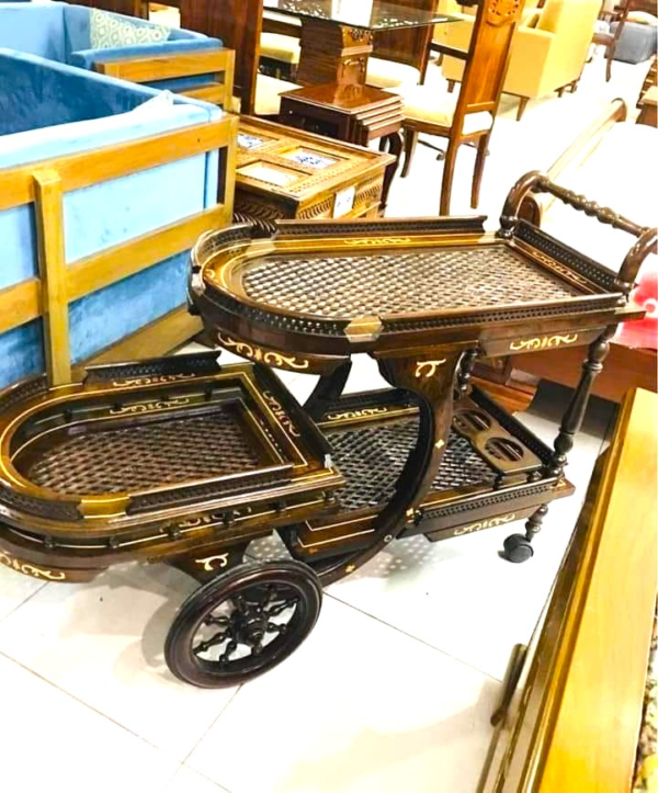 Luxury Chinioti Wooden Tea Trolley – Handcrafted Wooden Serving Cart | JJ Furniture - Image 2