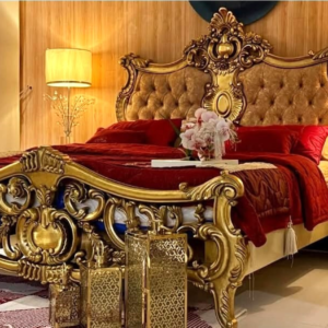 Luxury Royal Chinioti Bed Set – Gold Carved Wooden Bed by JJ Furniture Chiniot