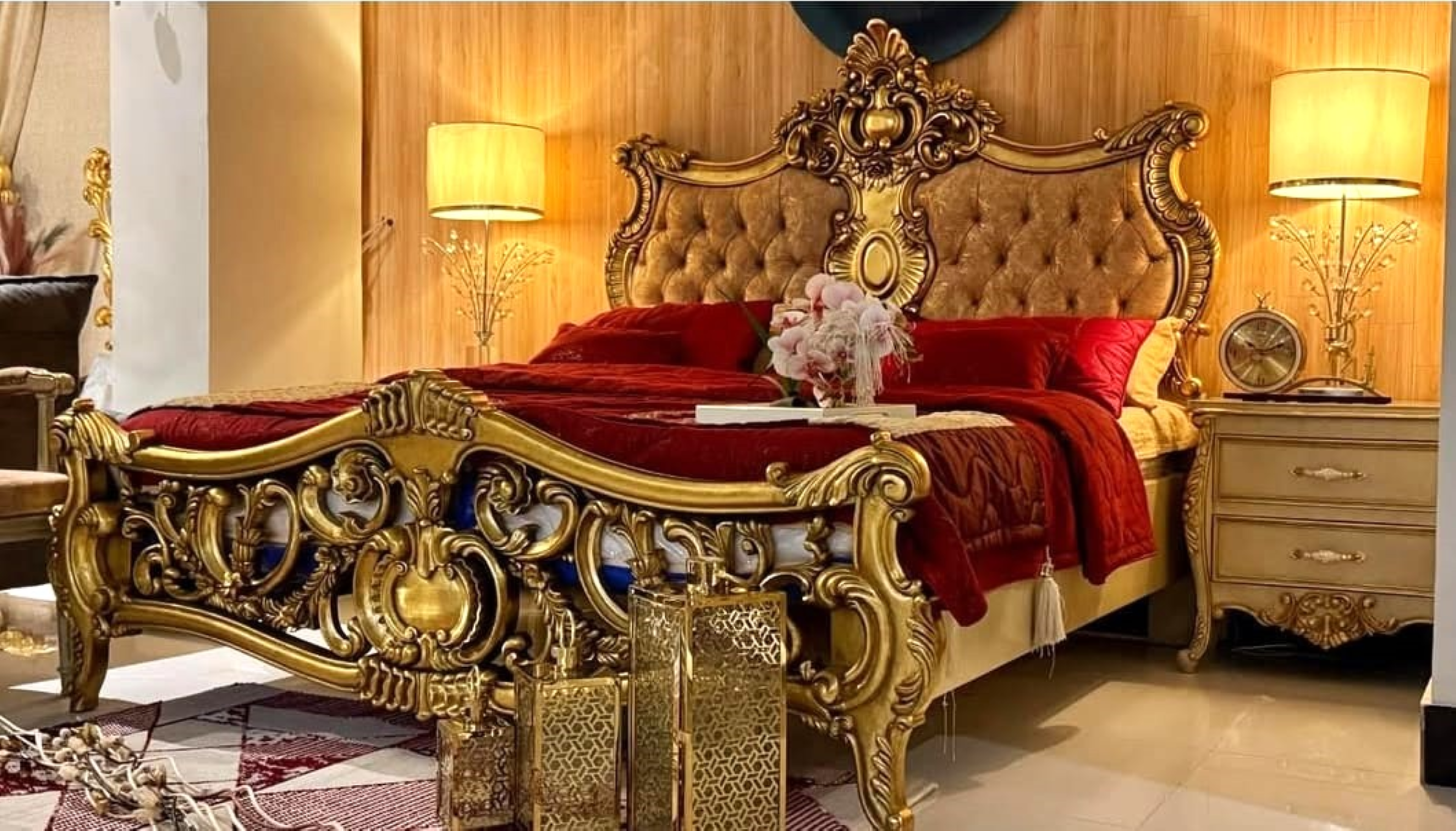 Luxury Royal Chinioti Bed Set – Gold Carved Wooden Bed by JJ Furniture Chiniot