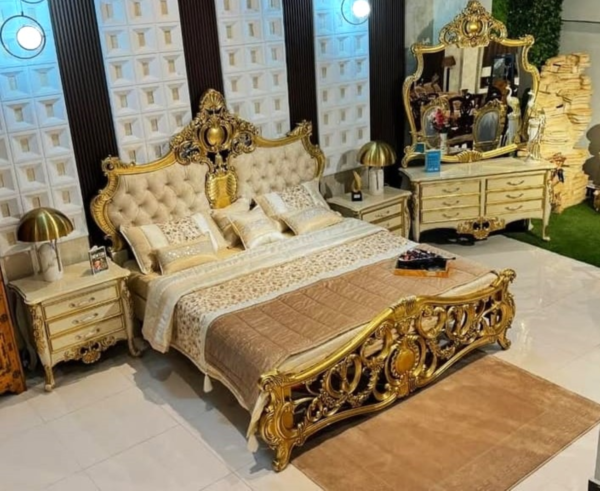 Luxury Royal Chinioti Bed Set – Gold Carved Wooden Bed by JJ Furniture Chiniot - Image 2
