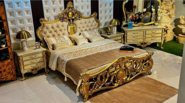 Luxury Royal Chinioti Bed Set – Gold Carved Wooden Bed by JJ Furniture Chiniot - Image 3