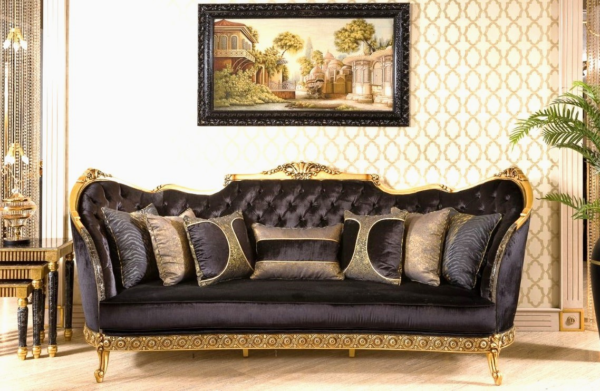 Black & Gold Ornate Sofa Design – Luxury Velvet Royal Sofa for Elegant Living Rooms