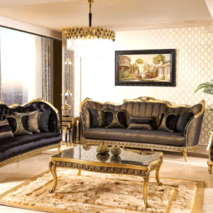 Black & Gold Ornate Sofa Design – Luxury Velvet Royal Sofa for Elegant Living Rooms