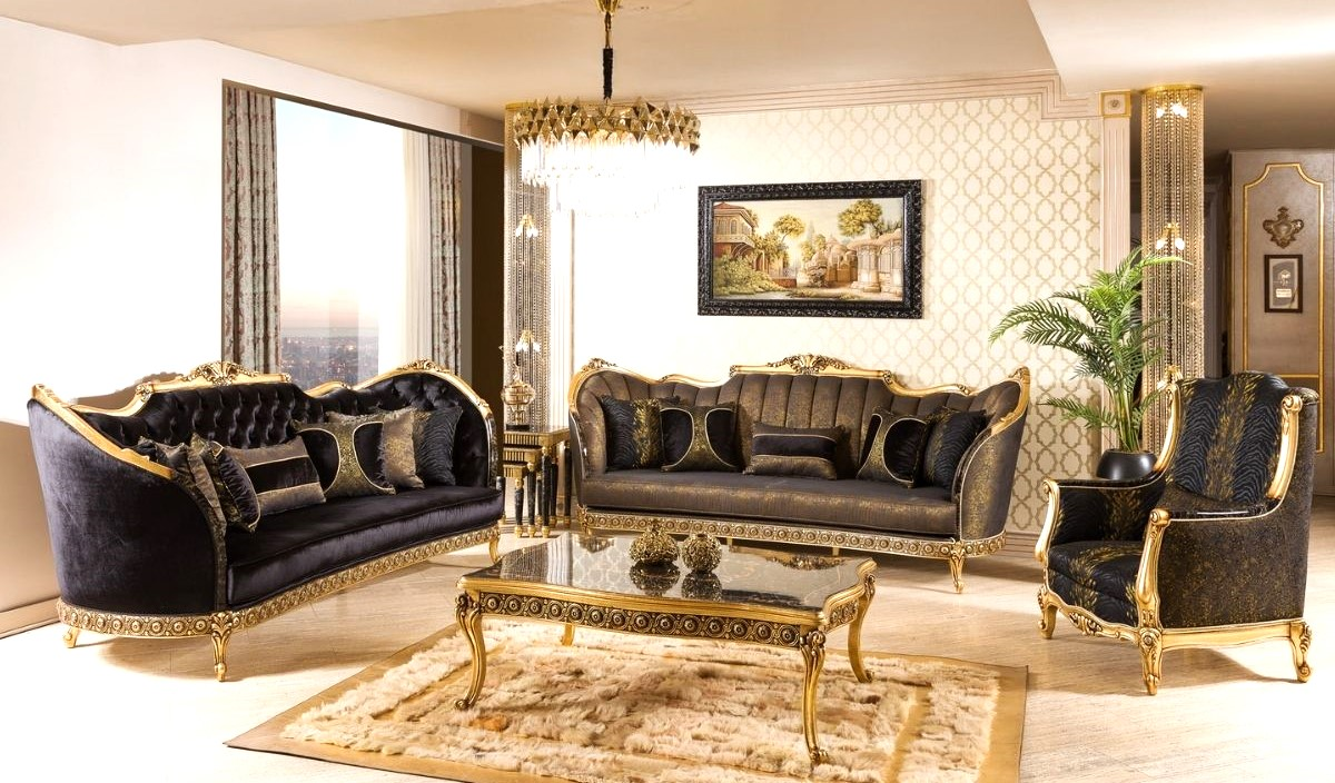 Black & Gold Ornate Sofa Design – Luxury Velvet Royal Sofa for Elegant Living Rooms