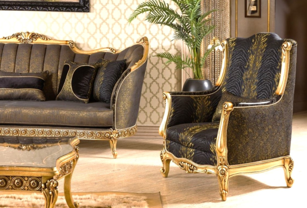 Black & Gold Ornate Sofa Design – Luxury Velvet Royal Sofa for Elegant Living Rooms